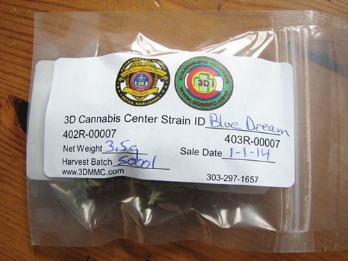 A legal eighth-ounce of Blue Dream bought in Colorado Jan. 1. Note the seal of law enforcement. California is next. A legal eighth-ounce of Blue Dream bought in Colorado Jan. 1. Note the seal of law enforcement. California is next.
