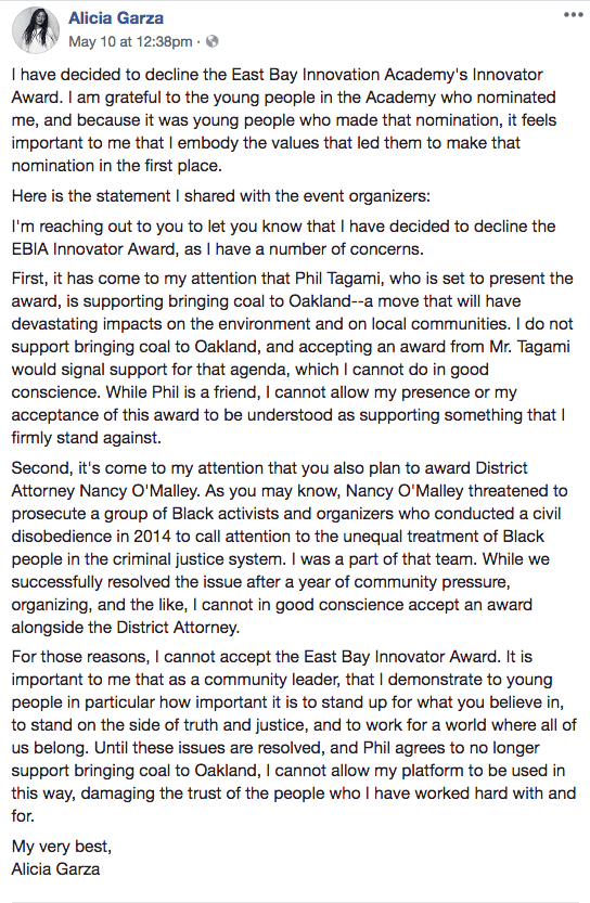 Alicia Garza Declines Award Because She Doesnt Want To Be Associated With Coal Terminal Developer Phil Tagami East Bay Express Oakland Berkeley Alameda